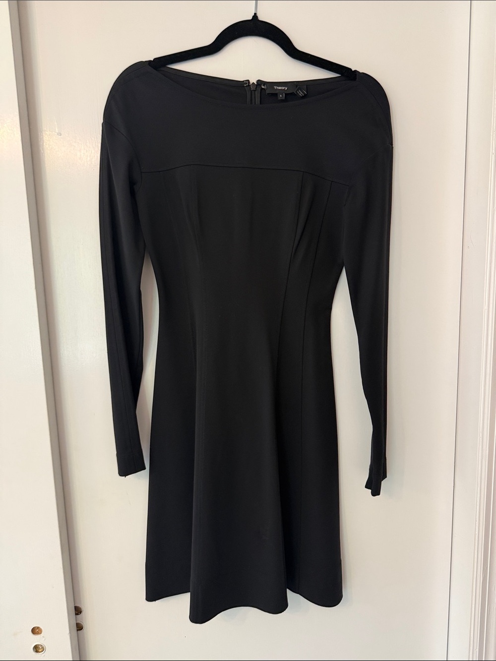 Theory Black Long Sleeve Ponte Fit-and-Flare Dress